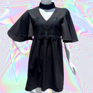 Flutter Sleeve Mock Neck Cutout Black Dress